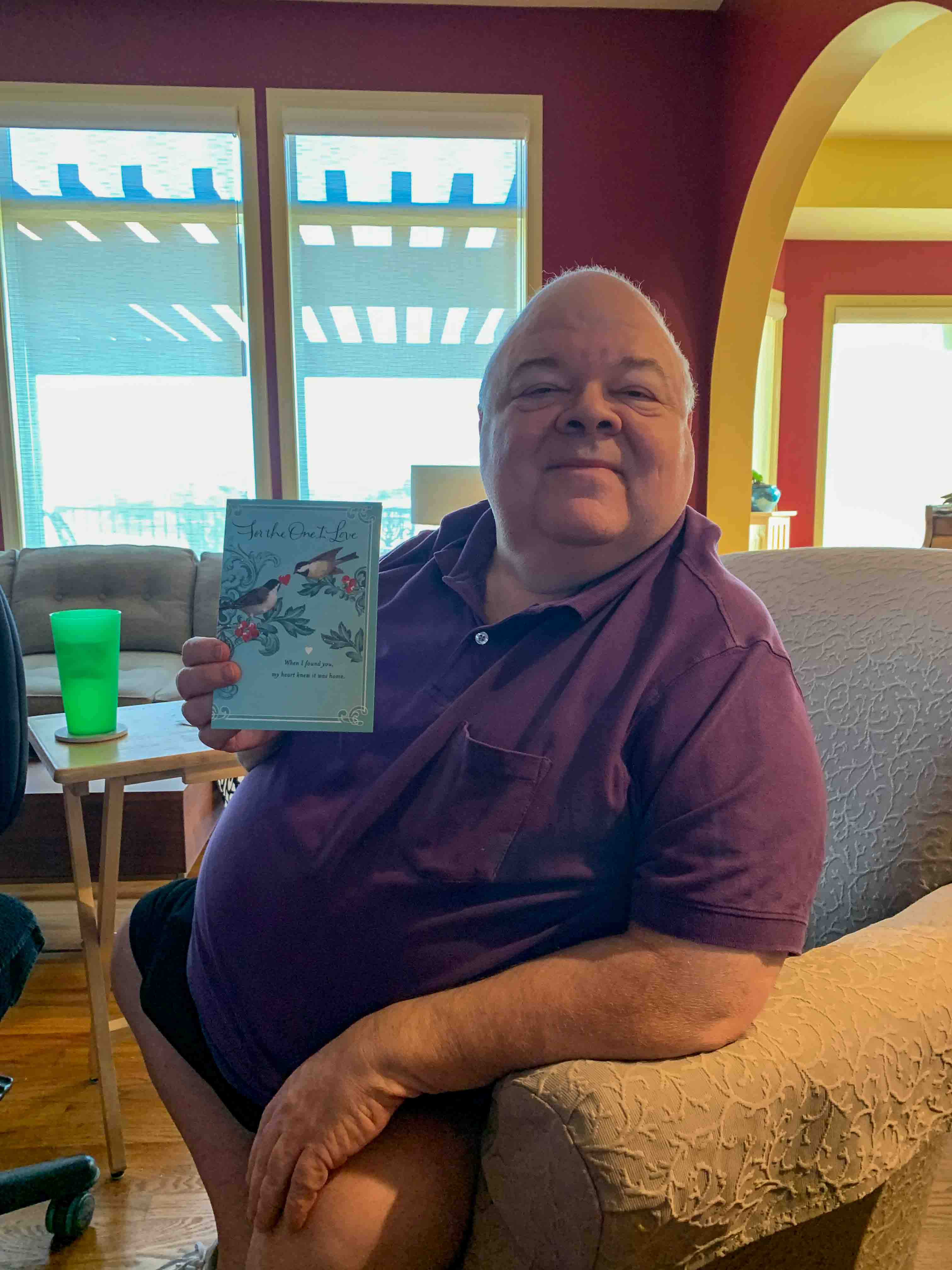 Don enjoys his anniverary card.    Location:  11207 Wilmar Dr, Liberty MO 64068                                 Source: Julane Crabtree                                Date:  17 Oct 2022