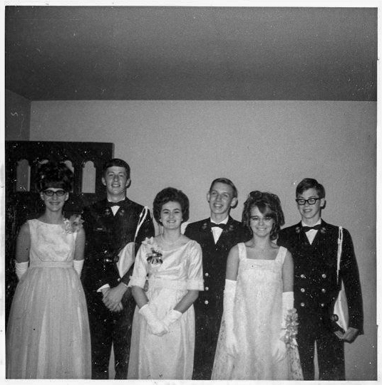 GHS Military Ball                            L2R Lori Zelinsky, Greg FIncham, Julane Crabtree, Chuck ?, Karen Givens ?                                        Location:  1055 Lindsay Ave Akron OH                                                Source:  Julane Crabtree                      Date:  Winter 1968